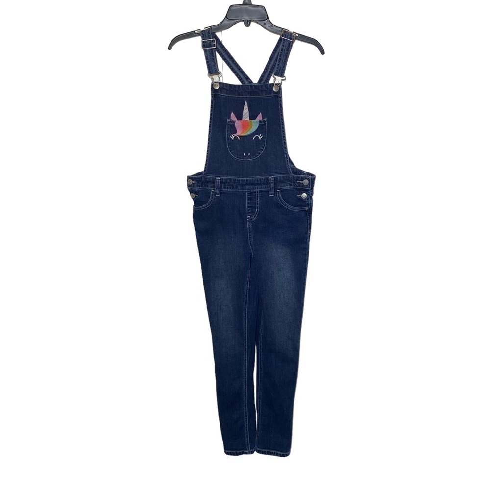 Cat & Jack girls size Large (10-12) embroidered unicorn denim jean overalls